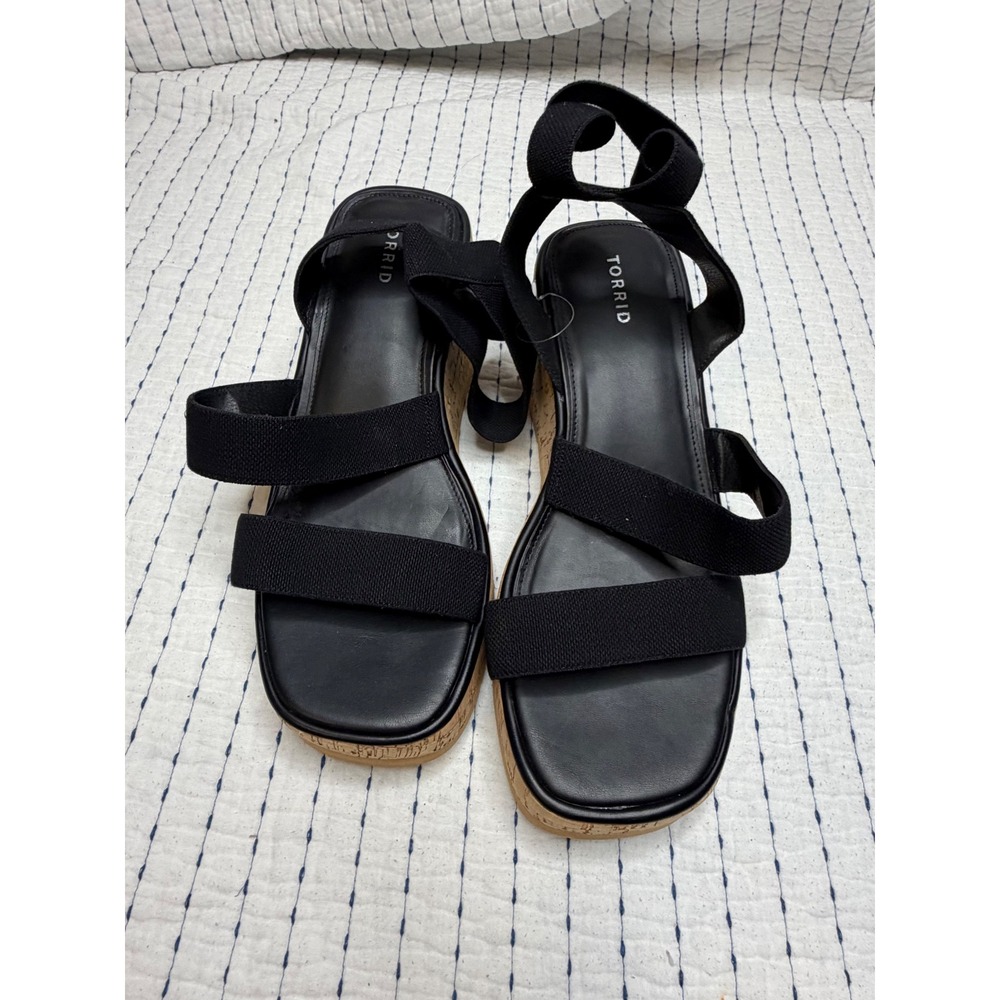Torrid Triple Band Stretch Wedge Sandals Black Cork Platform Wide Width 13WW